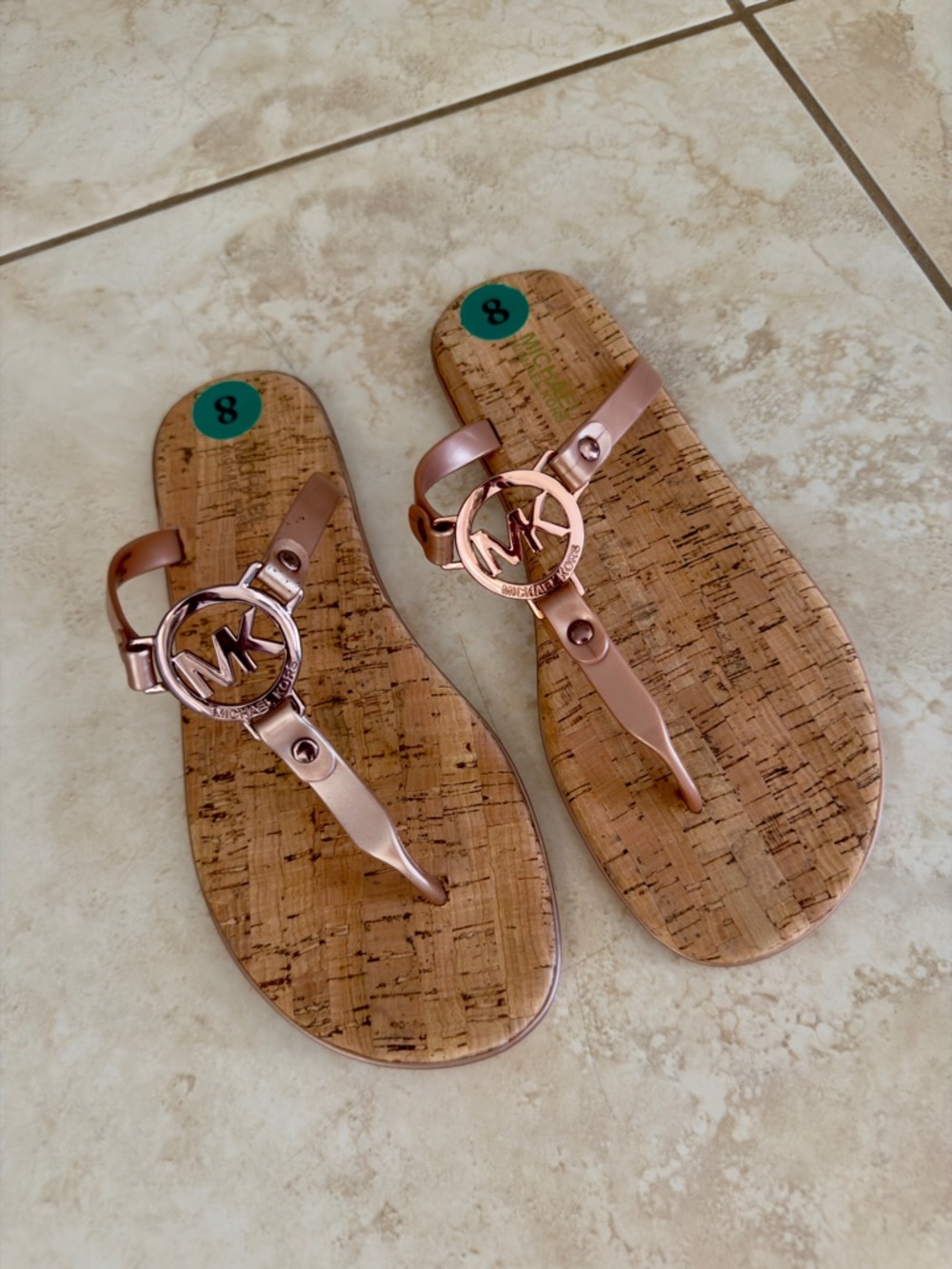 Michael Kors Rose Gold Logo Cork Thong Sandals